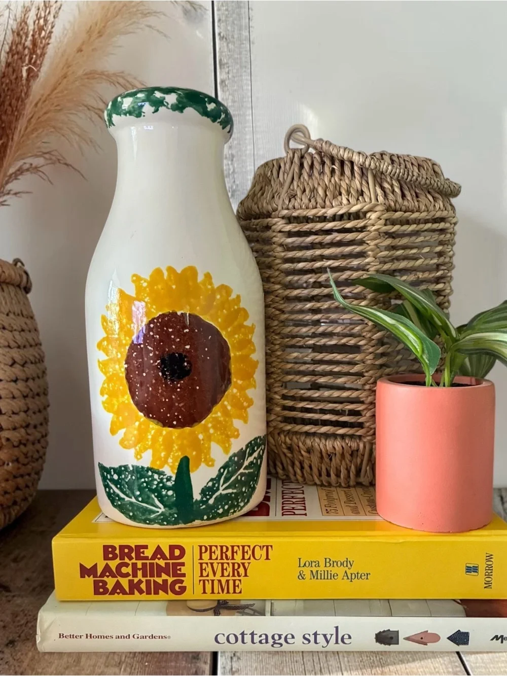 Vintage Crock Shop Santa Ana CA Sunflower Ceramic Milk Bottle Vase 🌻